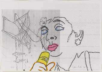 A shoulder-up view of a woman holding a microphone, to her left a full view of a woman  doing a...