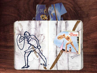 A image of an open sketch book on a wood veneer ground.  In the sketch book is a collage image of...