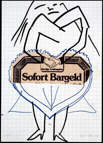 A hand drawn image of a figure with an advertising image forming the the hands with the text...