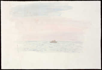 An impressionist like sea and skyscape with a boat at the horizon line