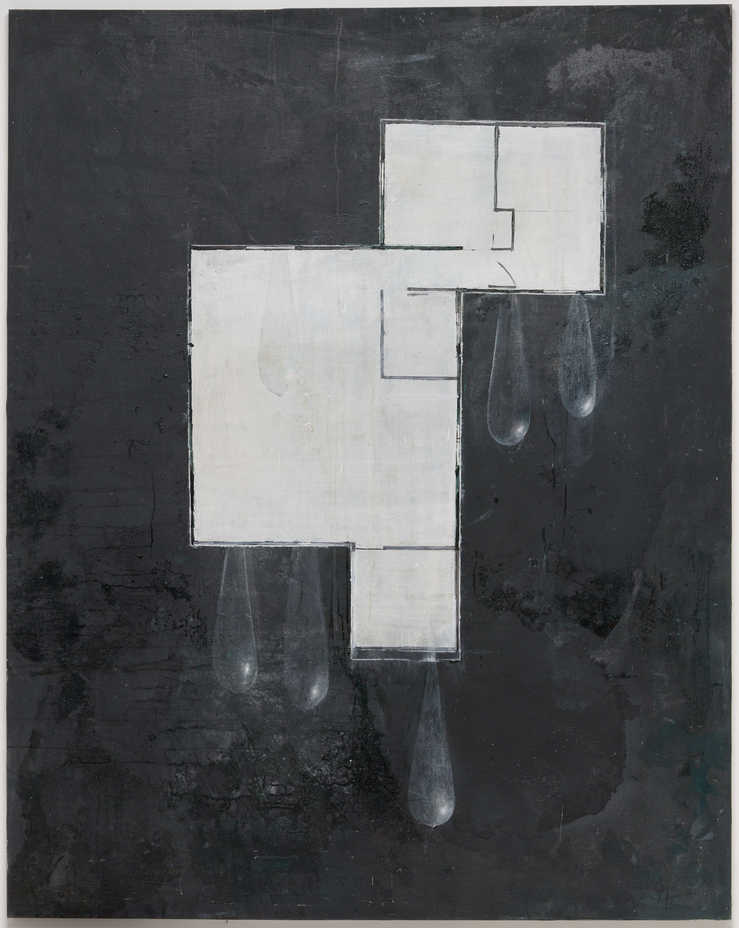 A ground plan for a house painted in white modeled gray ground.  Large tear drops hang from...