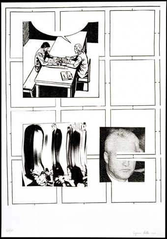 Three black and white images in front of a 12 pane window.