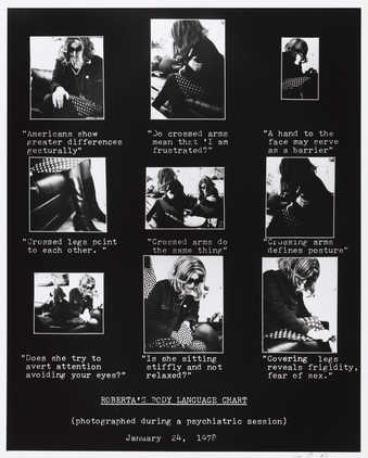 Photograph of 9 smaller images of woman sitting.