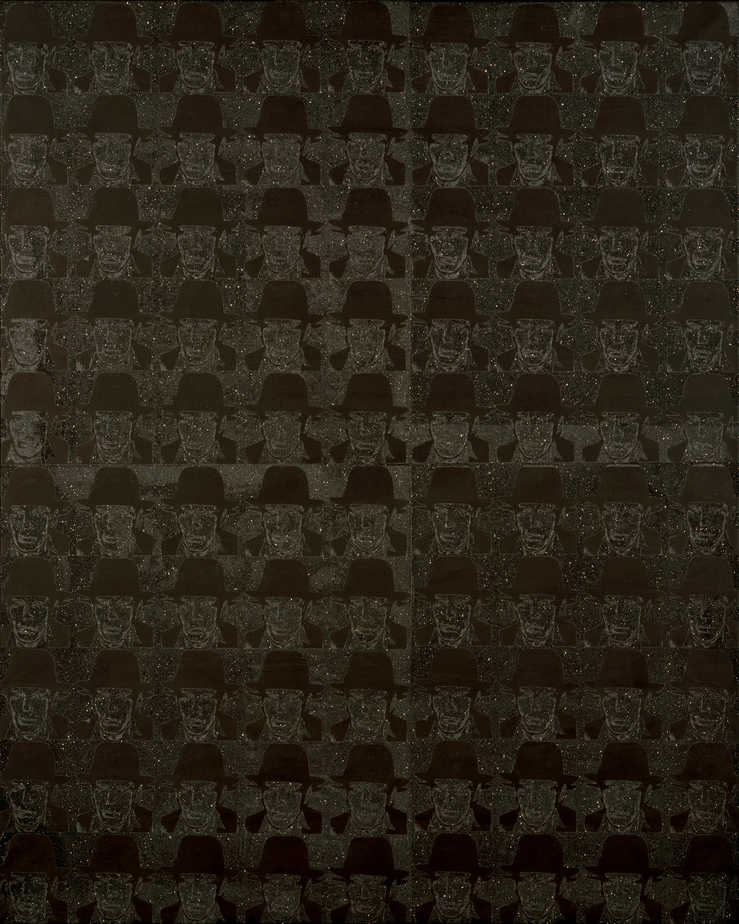 repeating image of J. Beuys in black and black sparkle dust.