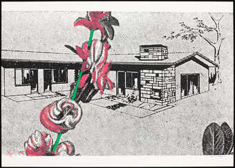 An image of a ranch style house in black and white.  Image is covered with a network of ben-day...