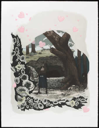 An image of a woman throwing a coin over her shoulder into a well.  A dark human/animal form...