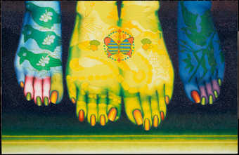 brightly colored painting of two feet