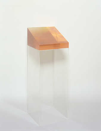 transparent, pink colored resin on clear base (podium-like minimalist form)
