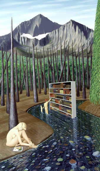 nude girl in foreground, library shelves floating down stream with browsers in stream at shelves