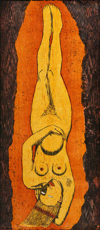 an inverted image of a standing woman whose hair is shaped like a broom.A three color woodcut,...