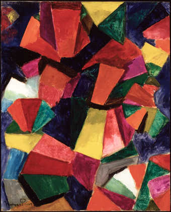 abstract compostion of geometric shapes of green, red, blue, grey, yellow and purple.