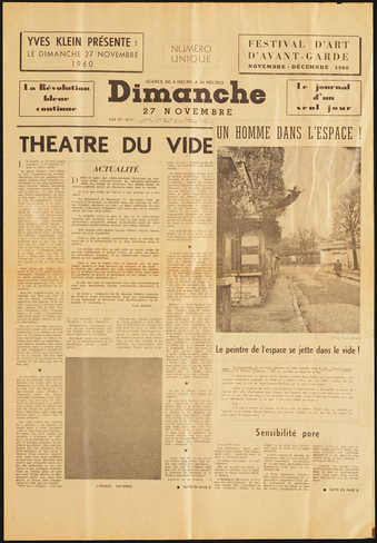 Newspaper facsimile (Dimanche Nov. 27, 1960) with Yves Klein's image Un Homme dans...