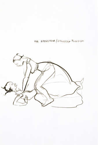 black ink drawing of one woman strangling another woman who is flat on the ground; text reads at...