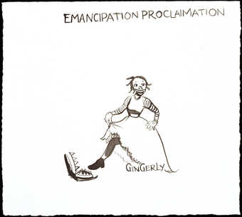 black ink drawing of a woman about to place her foot in a bear trap; text read "Emancipation...