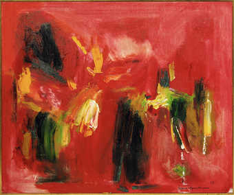 An abstract composition painted on a red/pink ground.