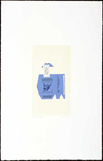 aquatint from one copper plate printed in cream with collage element of Gauloises cigarette...