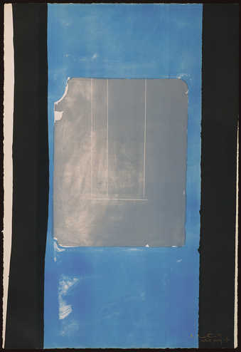 A lithograph from one stone and two aluminum plates printed in black, gray and blue