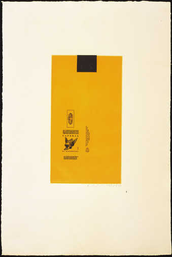 Aquatint from two copper plates printed in yellow and black, line-cut form on e copper plate...