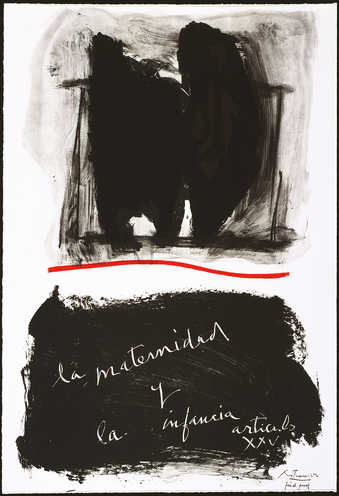 A lithograph from three aluminum plates printed in two blacks and red.