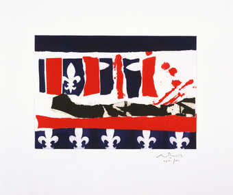 An aquatint form two copper plates printed in red and blue.  The collage element is a...