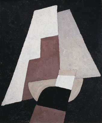 a geometric construction of earth toned shapes on a dark field