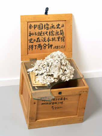 The pulp remains of two books washed in a washing machine on an irregularly broken sheet of...