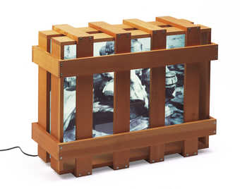A wooden skeletal crate containing a light box.  A transparency  on the light box has an image of...