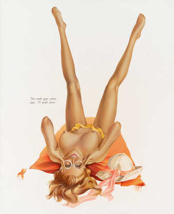 A Vargas like image of a nude woman lying on her back. Text in black next the figure "You...