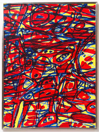 dense network of primary colored brushstrokes on paper attached to canvas