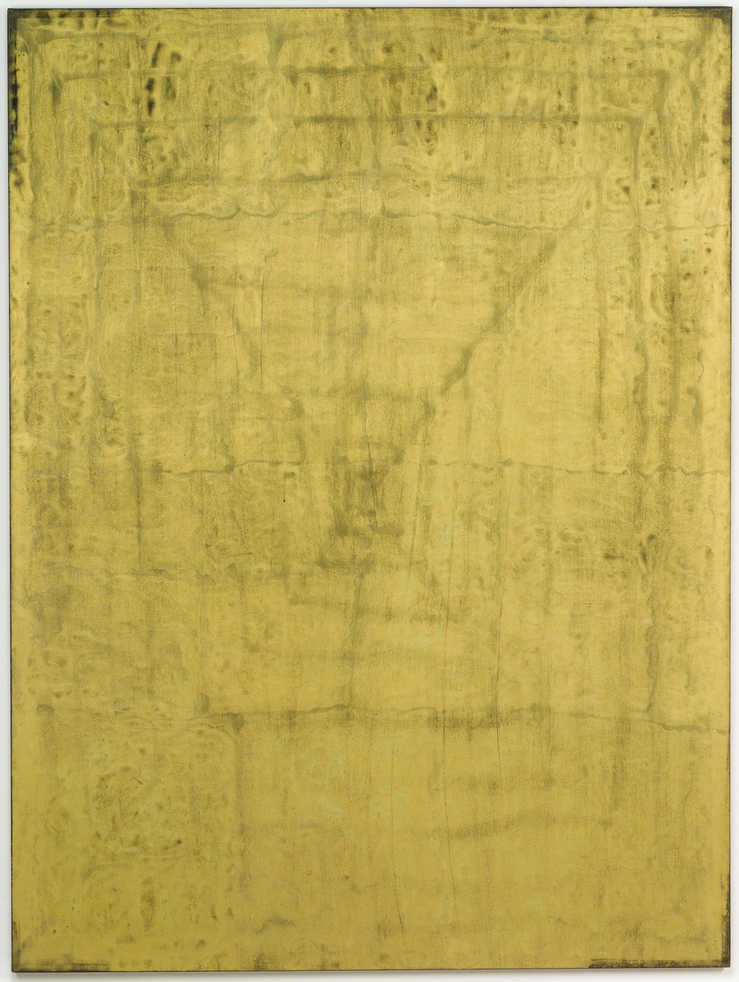 Green metallic paint over entire surface.  Dark underpainting shows through green in some places...