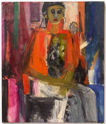 Stylized depiction of a seated woman.  Figure is constructed of large areas of unmodulated color....