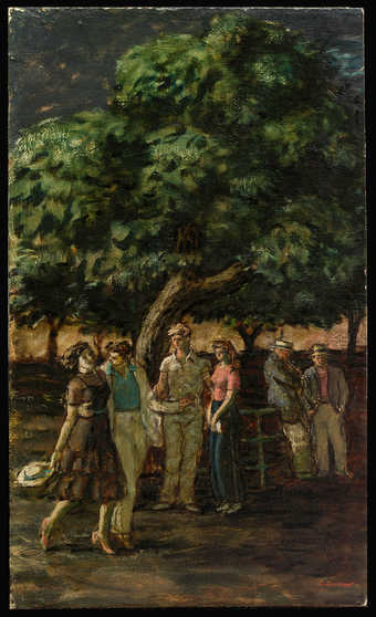 three pair of people in front of a tree.