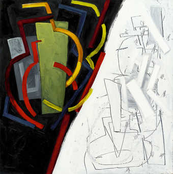 panel divided on a diagonal axis.  Left portion of panel has a black background with white...