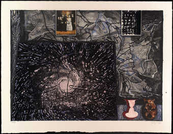 various images compiled together, including image of Merce Cunningham, on dark blue-gray background