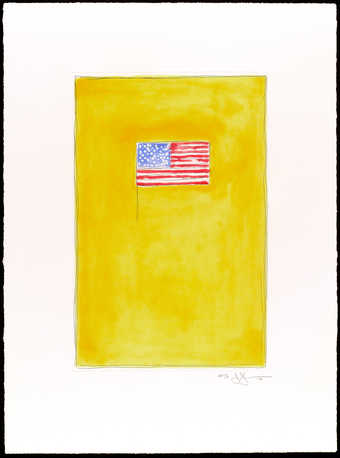 an image of an American flag (red, white, and blue) on an orange field.  An etching and aquatint...