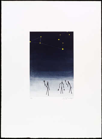An image of stick figures under the night sky.  In the sky the constellation of Leo is...