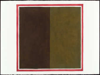 a square divided in half vertically, in two shades of olive green with a square border of red...