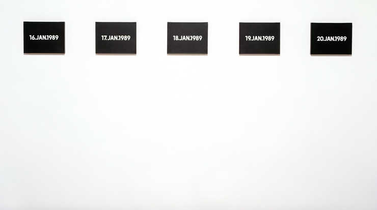 Each painting:  white dates painted on a black field. Each box: paper tape, cardboard, newspaper,...