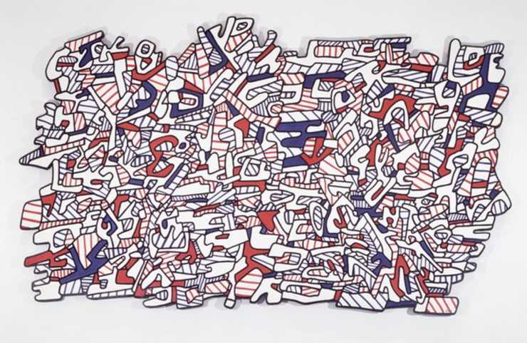 overall small abstract shapes, some with hatch marks, lines or solid, which fit together puzzle-like