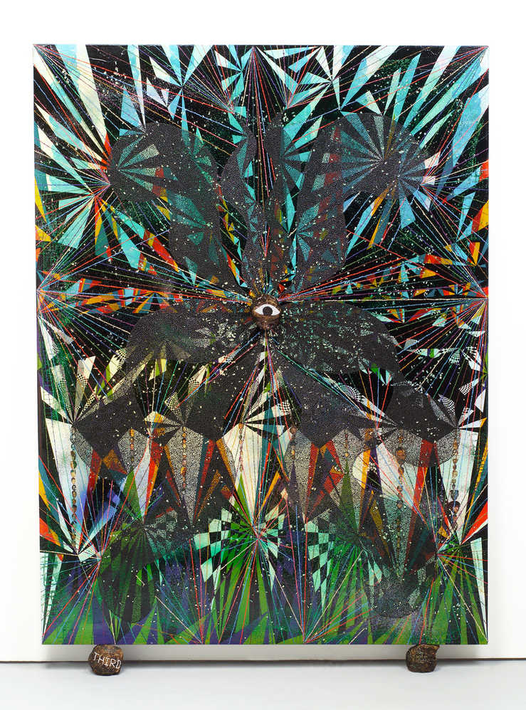 A decorative patterned painting.  Deep layers of paint and magazine image collage covered with...