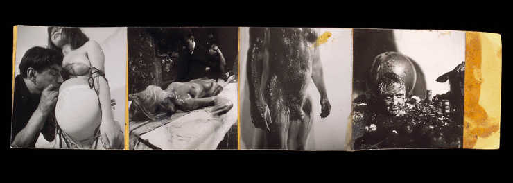 Contact sheet cut-outs or photographic documentation of a performances. 1)"Nahelschuur"...