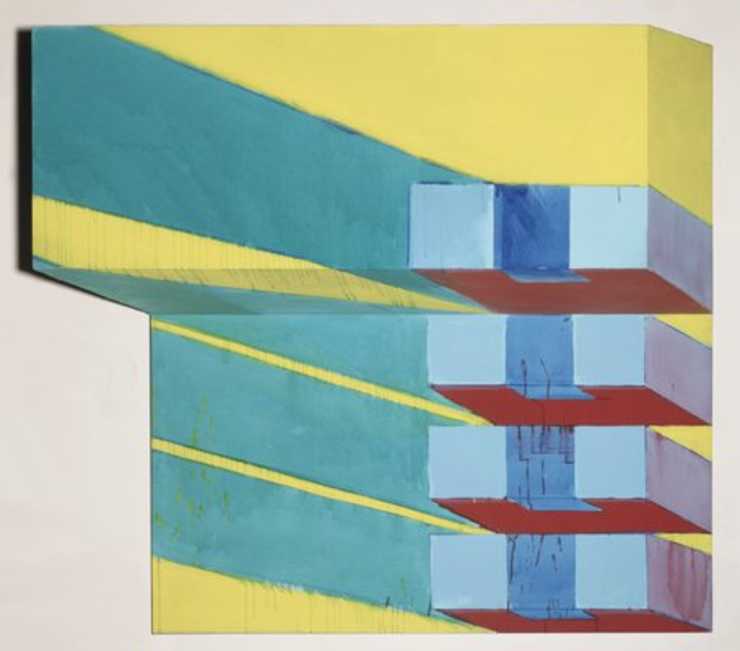 Overall canvas consists of a sky blue field w/ yellow stripes.  Right side of canvas red and blue...