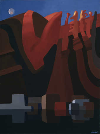 Simplified depiction of Adobe houses behind a lake which reflects the houses.  In the background...