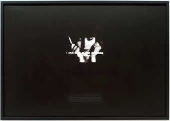 An appropriated film still overprinted with the text "I Shut Them So That Everything Goes...