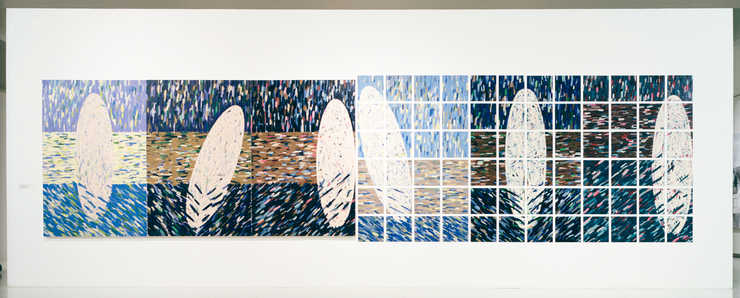 large oval shapes on a field of straight and slanted dash marks