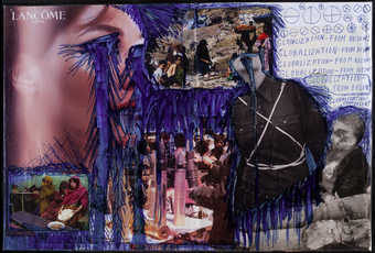 a collage of magazine images, overdrawn with ballpoint pen and wrapped with transparent plastic. ...