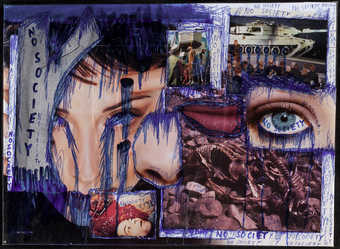 a collage of magazine images, overdrawn with ballpoint pen and wrapped with transparent plastic. ...