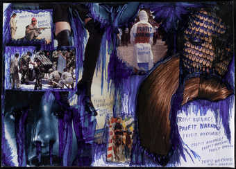 a collage of magazine images, overdrawn with ballpoint pen and wrapped with transparent plastic. ...