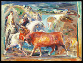 Bull with two men on horseback