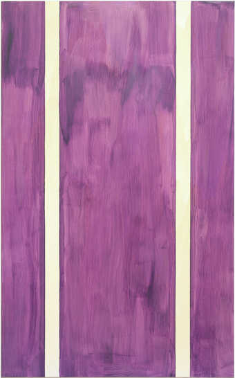 purple field with two raw canvas verticle stripes